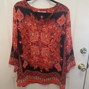 Violet & Claire Tunic Top‎ Women's 3X Red Paisley 3/4 Sleeves Boho Cottagecore